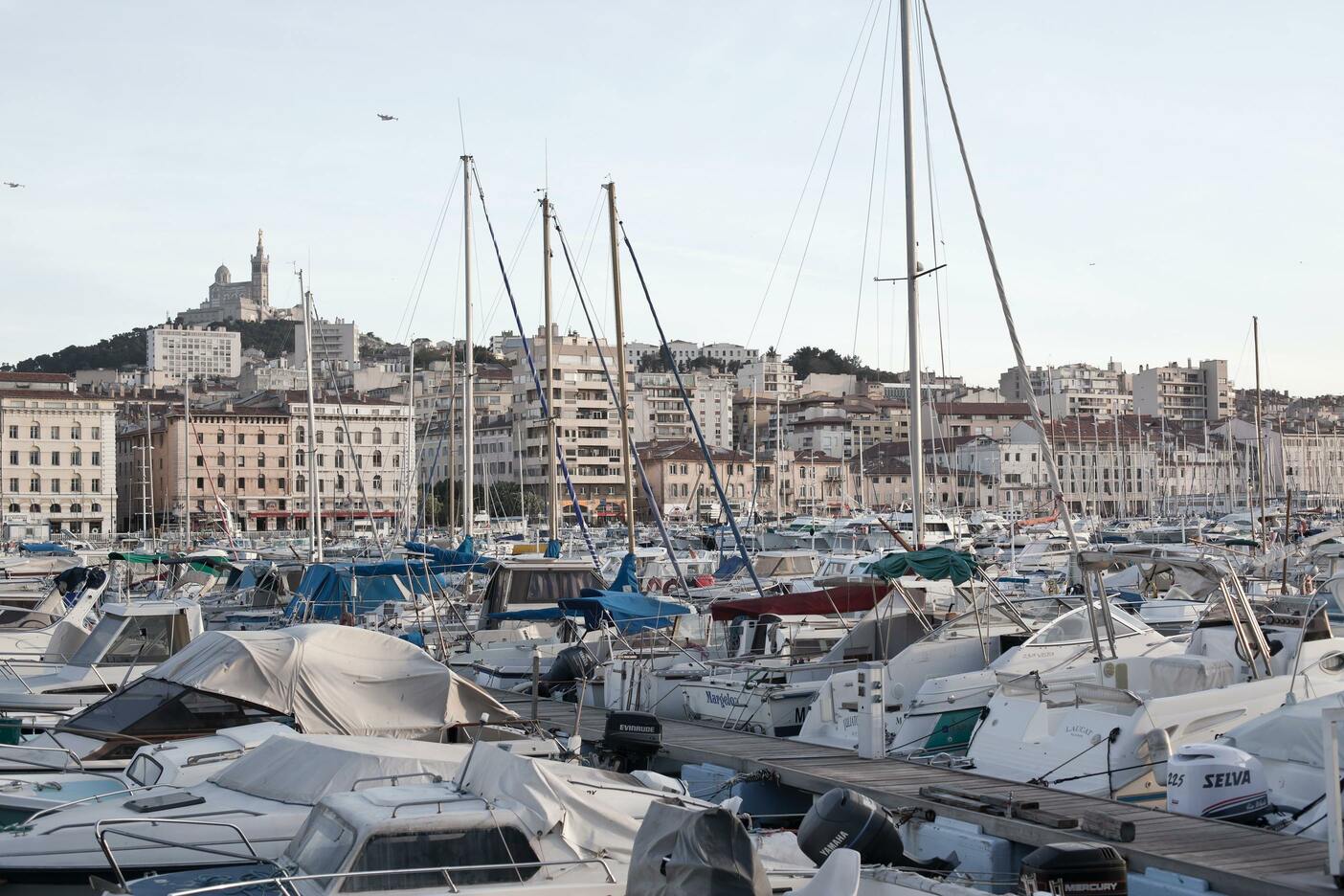 Large port with multiple boats docked.