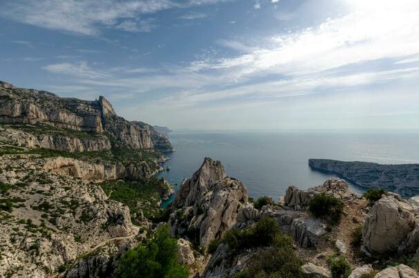 Shot of Calanques National Park overlooking the water.